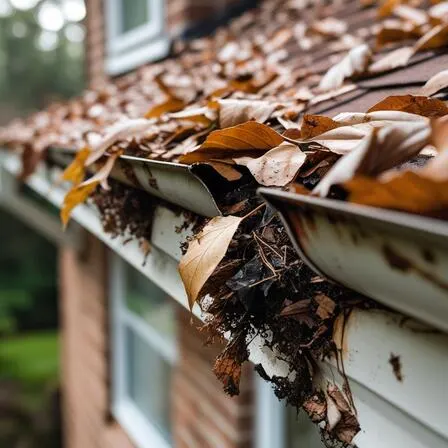 Clogged rain gutters with leaves and debris in Sacramento, CA. Gutter cleaning needed to prevent water damage and foundation issues