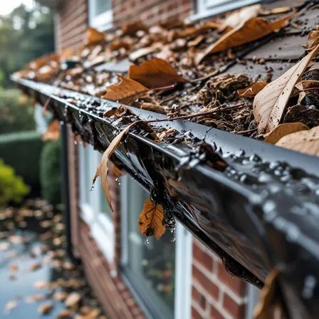 Overflowing gutters filled with leaves in Sacramento. Professional gutter cleaning services required to restore proper drainage