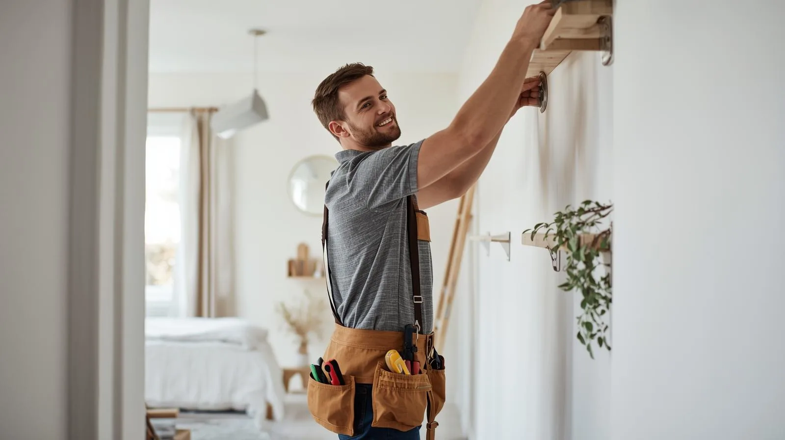 Friendly handyman repairing a wall or installing a shelf inside a bright home, tool belt, neat workspace, minimal clutter, natural lighting, lifestyle photography aesthetic.